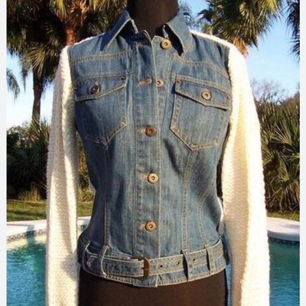 NWT! Cache cable sweater/denim front w/belt